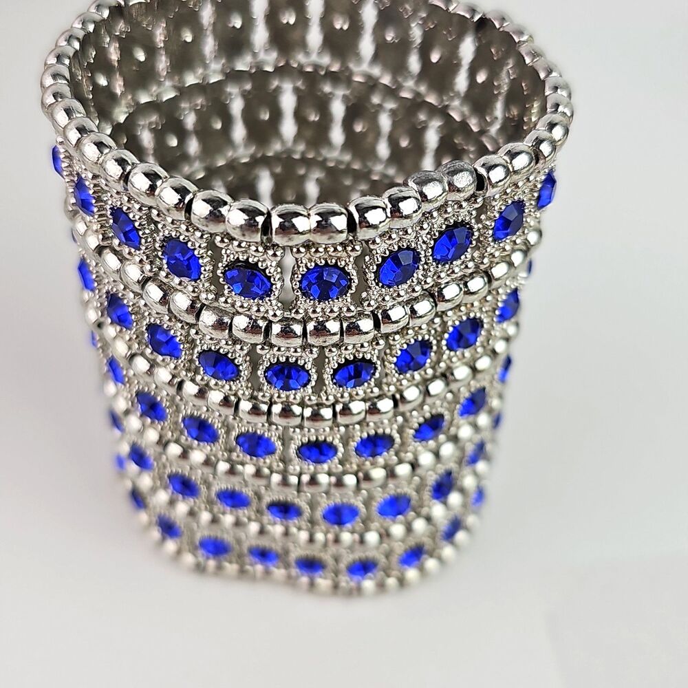 Blue Rhinestone Statement 3 inch Stretch Bracelet Silver Tone Metal Glam